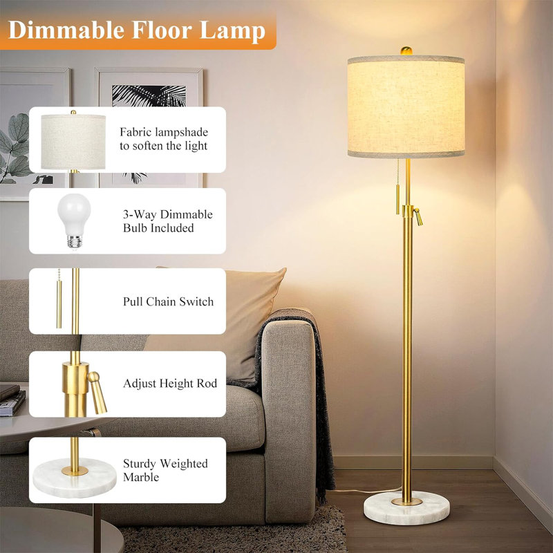 Mercer41 Modern Floor Lamp For Living Room Adjustable Height Standing Lamp With Marble Base Gold Tall Pole Light With Linen Shade For Reading Bedroom Chain Switch 8W 3 Way Dimmable Bulb Included